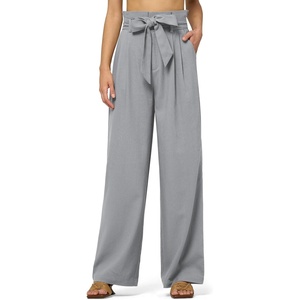 image:imageWillit Women Linen Pants Casual Wide Leg Dress Pants High Waisted Paperbag Work Trousers Summer Tie Knot Pockets 32 Light Gray XXXL